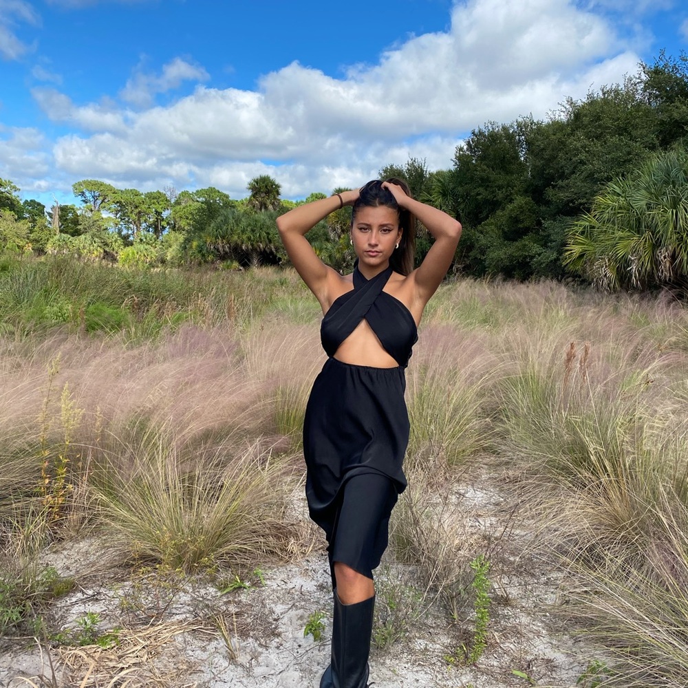 Black satin Multi tie midi dress